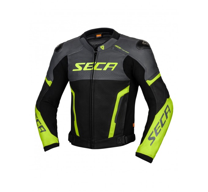 Geaca moto din piele Seca hooligan, Negru/Galben fluo